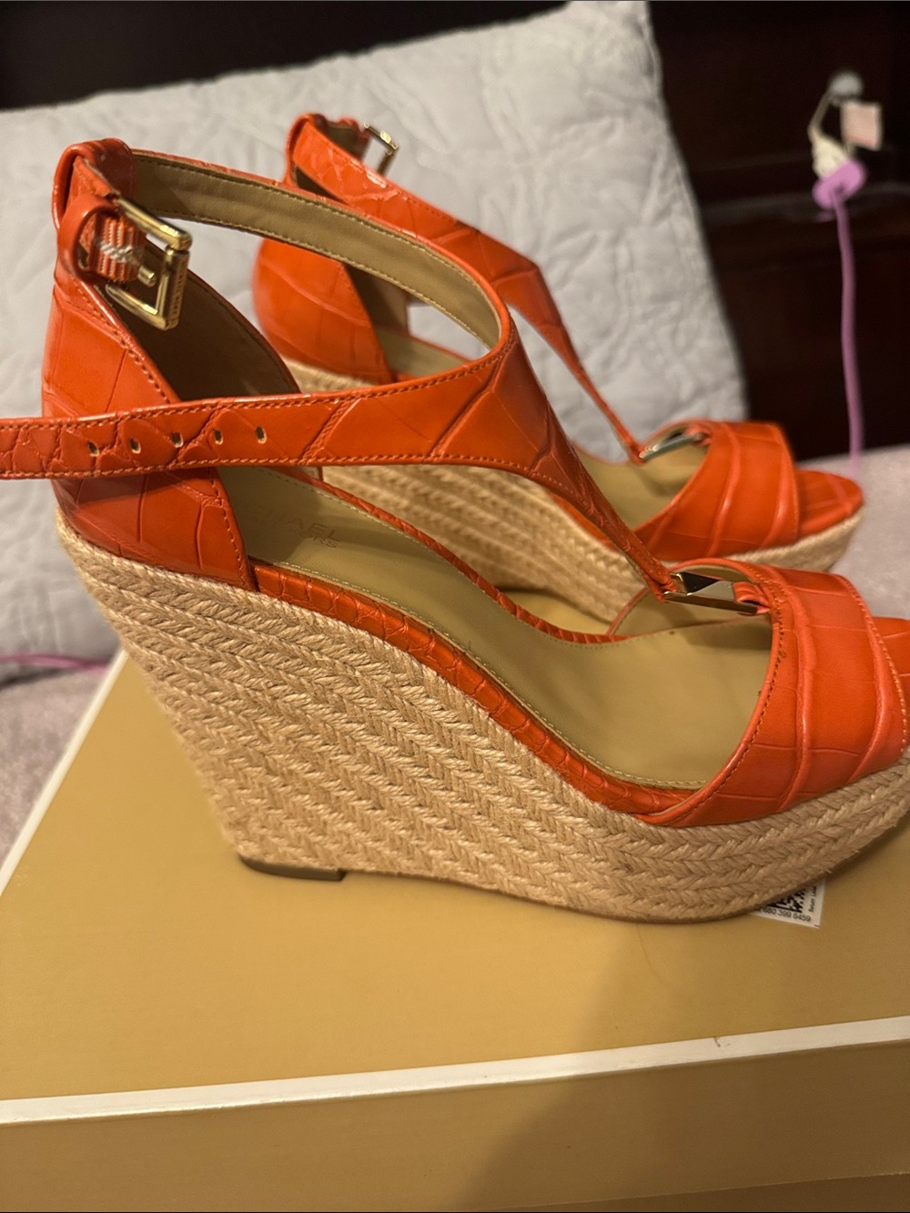 Michael Kors Croc-Embossed Orange Wedge Sandals - Picture 2 of 5